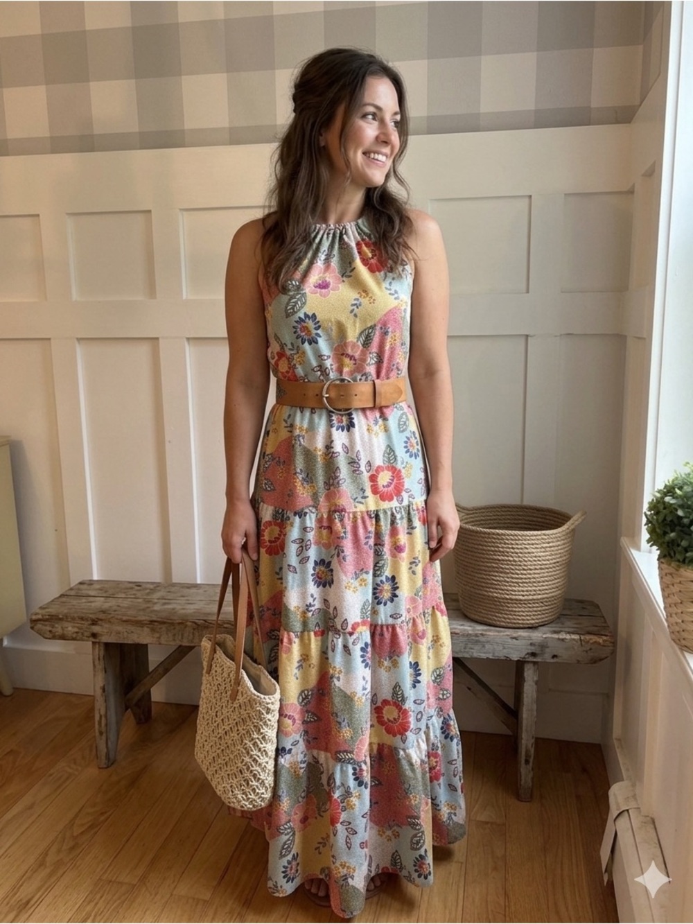 Monteau Floral Halter Maxi Dress in Yellow, Pink, Blue Small